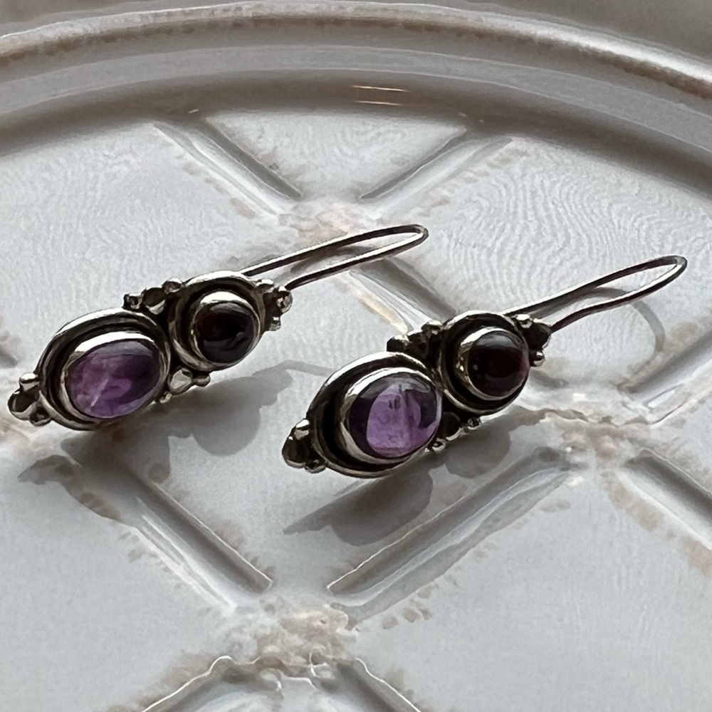 Dangle Earrings Vintage Sterling Silver Purple Cabochon Stones - Picture 2 of 4